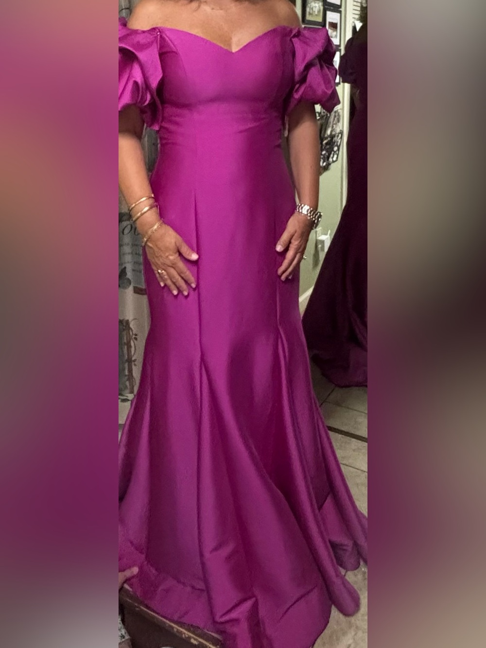Women's Off-the-Shoulder Magenta Satin Maxi Gown